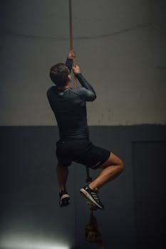A man climbing a rope indoors, showcasing strength and endurance.