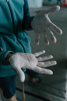 Athlete's hands covered in talc, ready for rock climbing indoors. Symbol of focus and preparation.