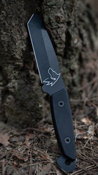 Close-up of a tactical knife against a tree in an outdoor forest setting. Perfect for survival themes.