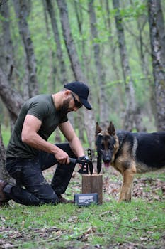 Man camping with a German Shepherd in an Azerbaijani forest, chopping wood.