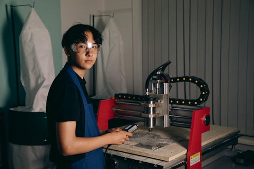 Portrait of a young worker operating a CNC machine in a workshop, wearing safety glasses and an apron.